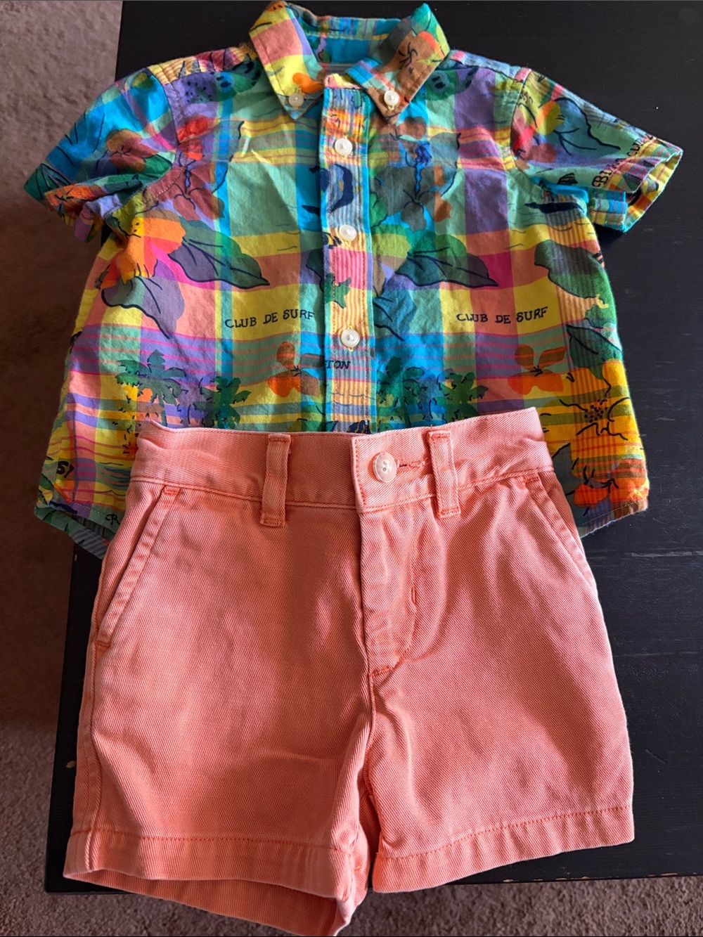 Polo by Ralph Lauren Multi-Color Plaid Surf Print Shirt with Coral Shorts